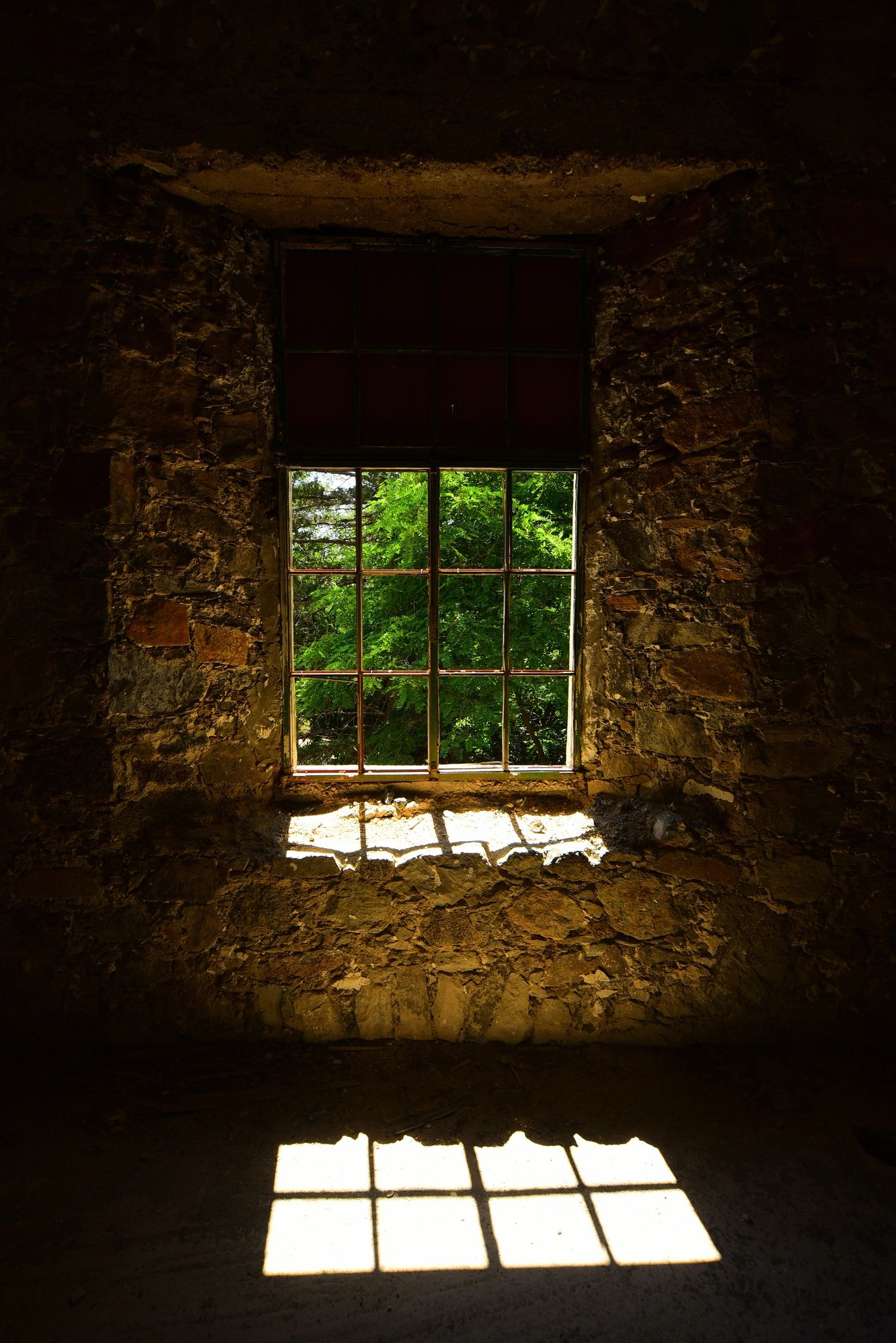 Moonlit view through a weathered gothic window